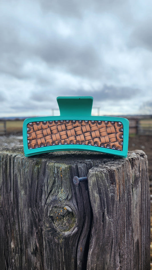 Large Turquoise Basketweave Hair Clip