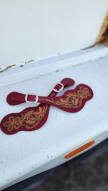 Oxblood Red Tooled Spur Straps