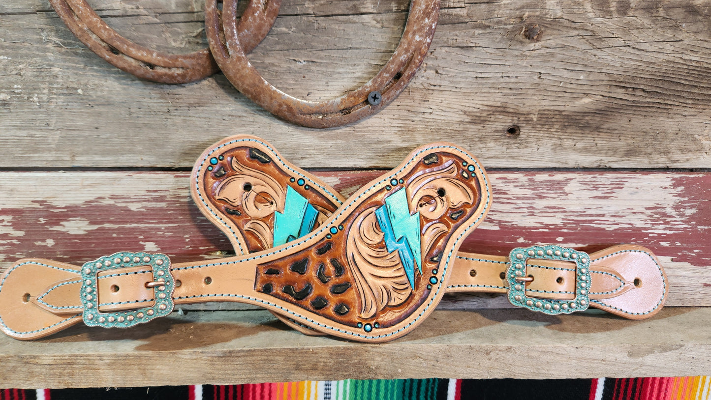 Turquoise Lightning Tooled Spur Straps