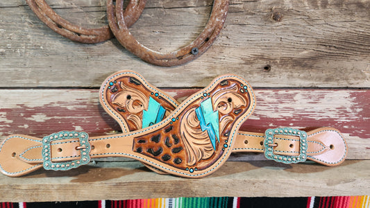 Turquoise Lightning Tooled Spur Straps