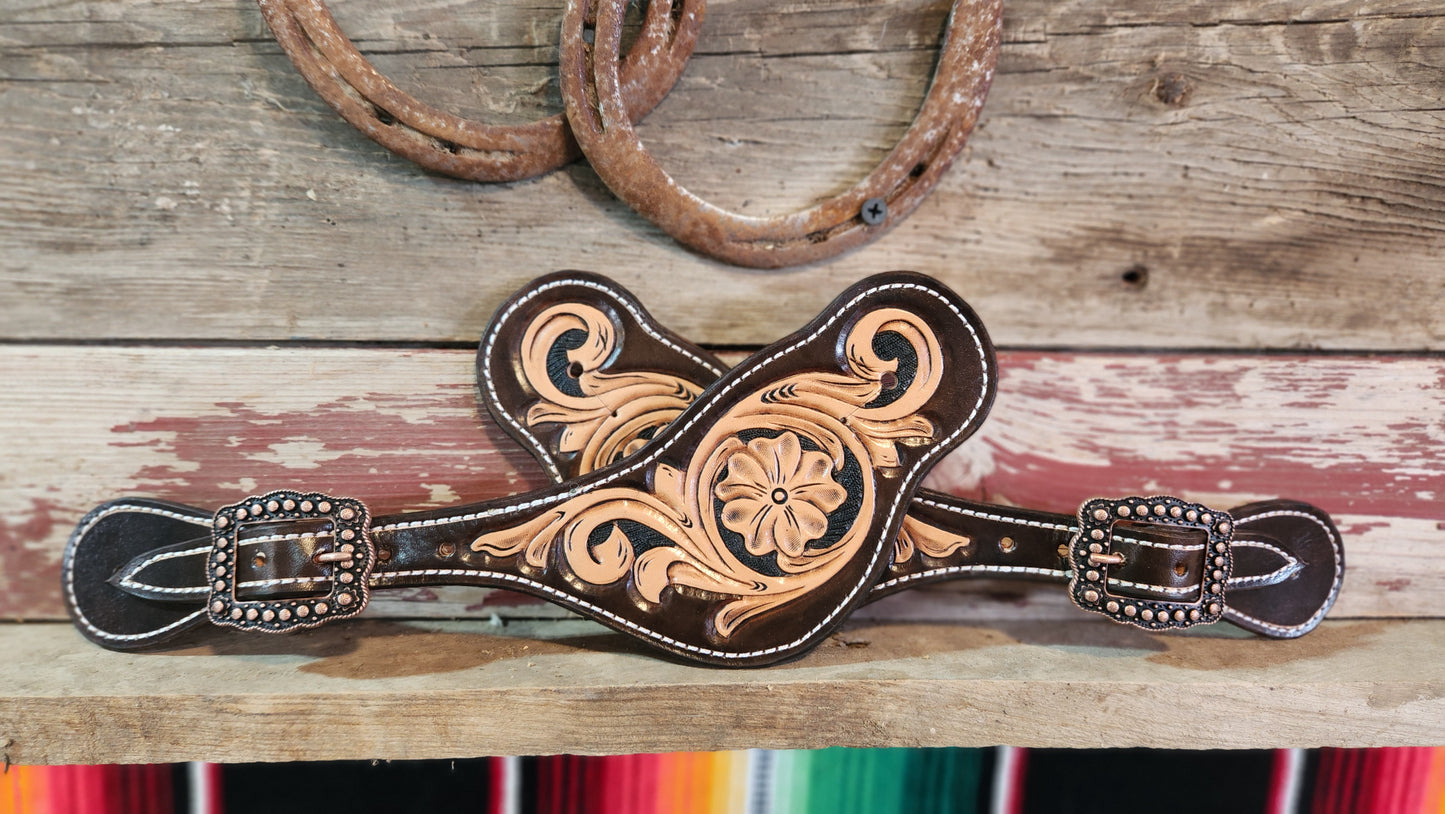 Dark Brown Tooled Spur Straps