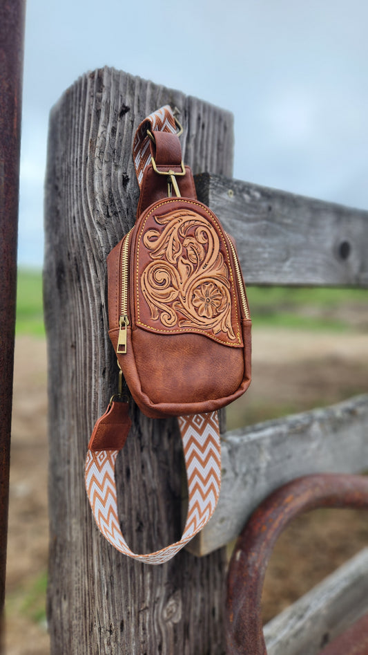 Tooled Leather Floral Slingbag