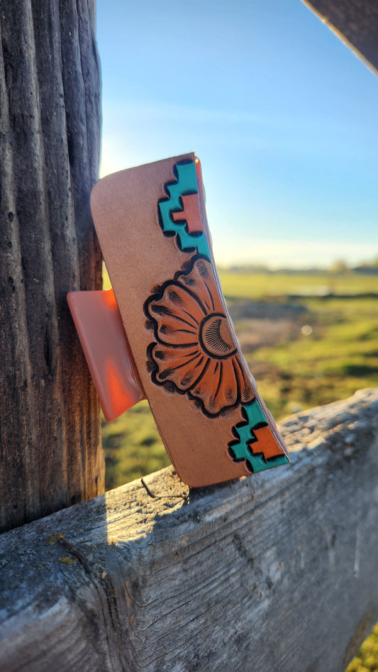 Turquoise and Orange Flower Hair Clip